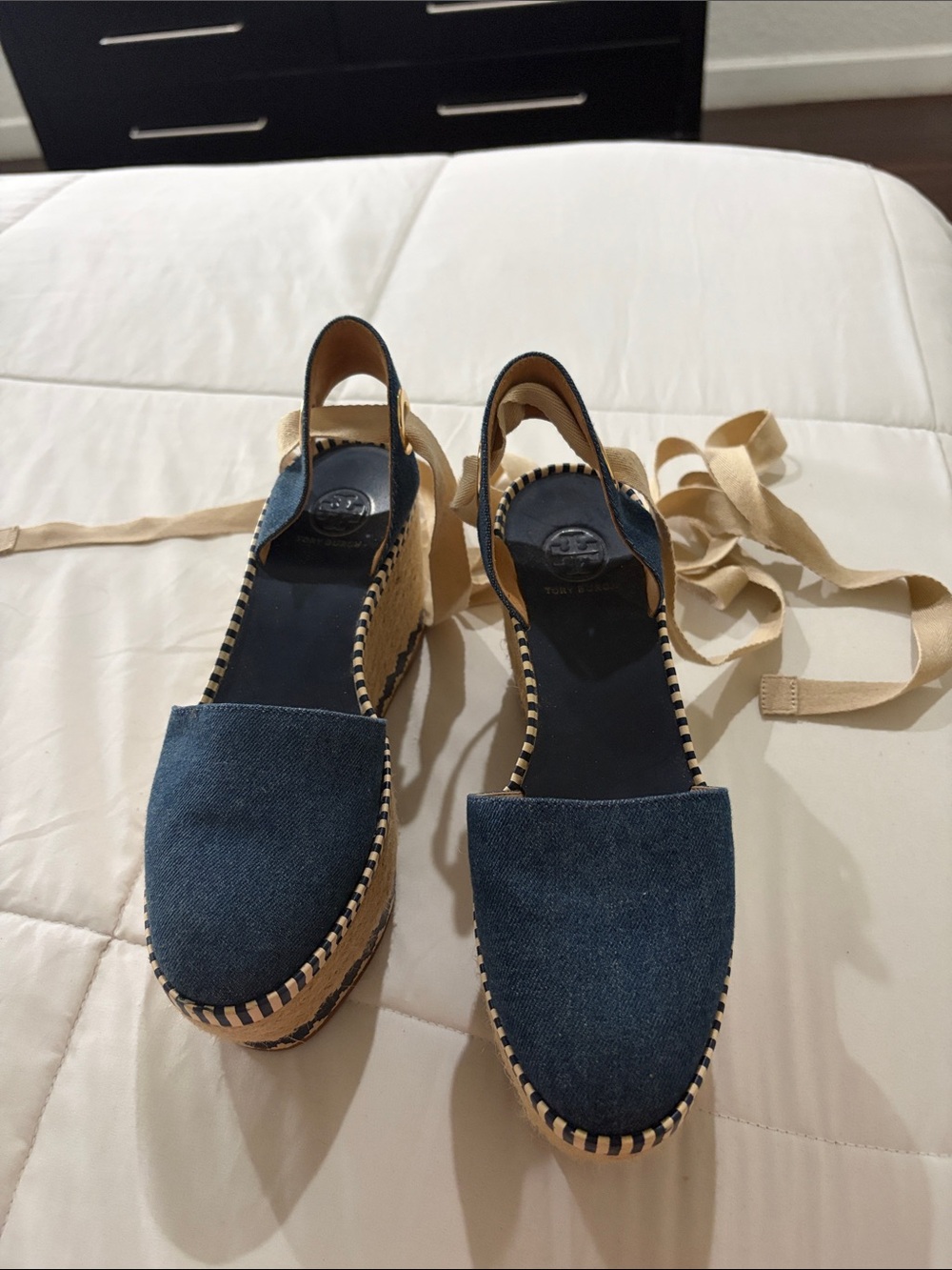 Tory Burch Denim Blue Espadrille Wedge Sandals with Ankle Wrap